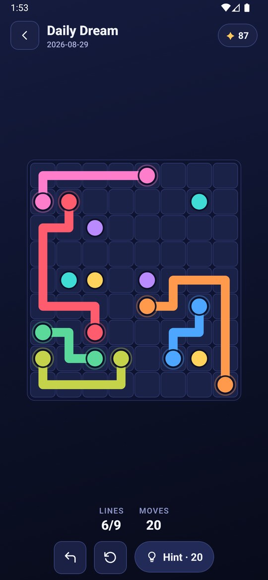 A puzzle part-way through, with six of nine lines connected
