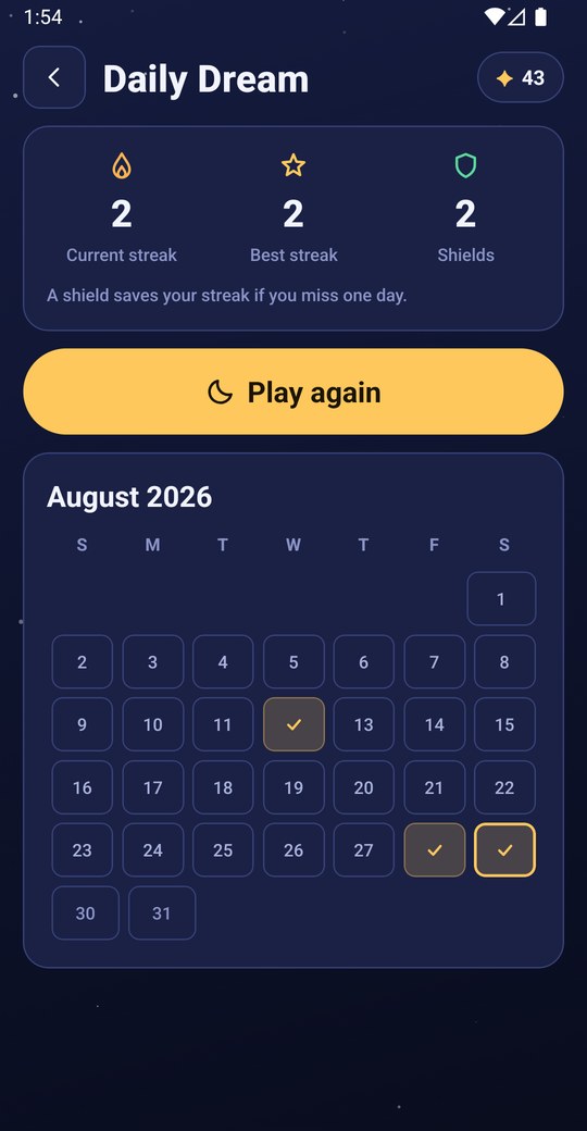 The Daily Dream screen showing a streak and a month calendar